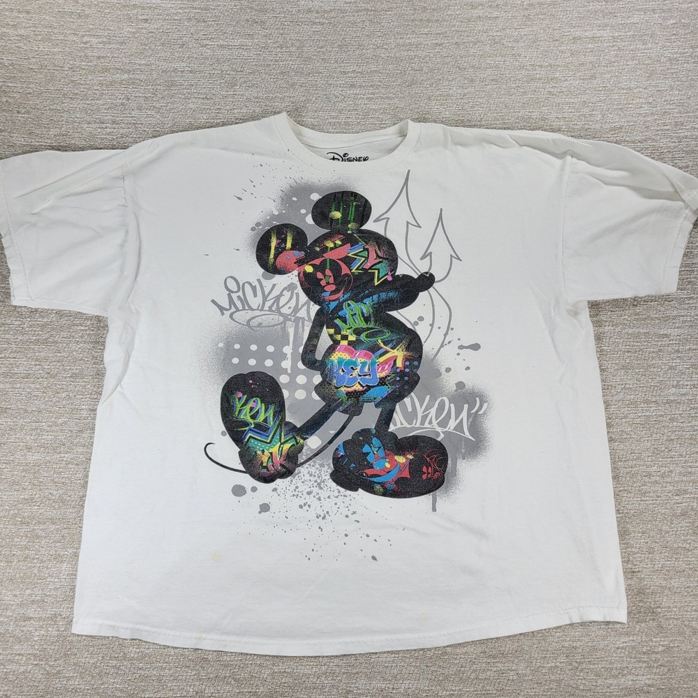 Disney Mickey Mouse Graffiti Graphic Tee 2XL White Cotton Downtown Streetwear